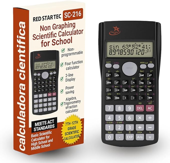 Fraction Calculator for School – SC-216 Scientific Calculator by Red Star Tec, with 4 Functions, SAT-Ready, 2-Line Display with Trigonometry, Algebra & Statistics, Non-Graphing Calculator