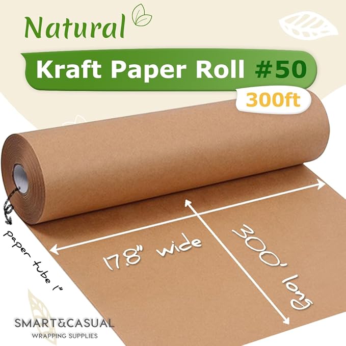 SMART&CASUAL 17.8"×3,600"(300') Brown Kraft Wrapping Paper for Craft Gift Bulletin Board Banner Bouquet Flower Table Covering Packing Shipping Moving 70GSM 50LB