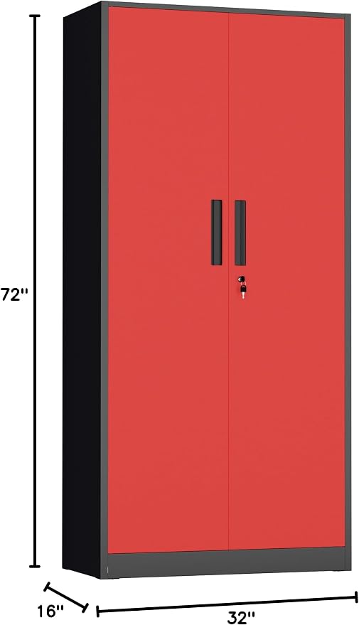 Metal Storage Cabinet,72" Steel Lockable File Cabinet with Locking Doors and Adjustable Shelves,Locking Tool Cabinets for Office,Home,Garage,Gym,School (Black Red)