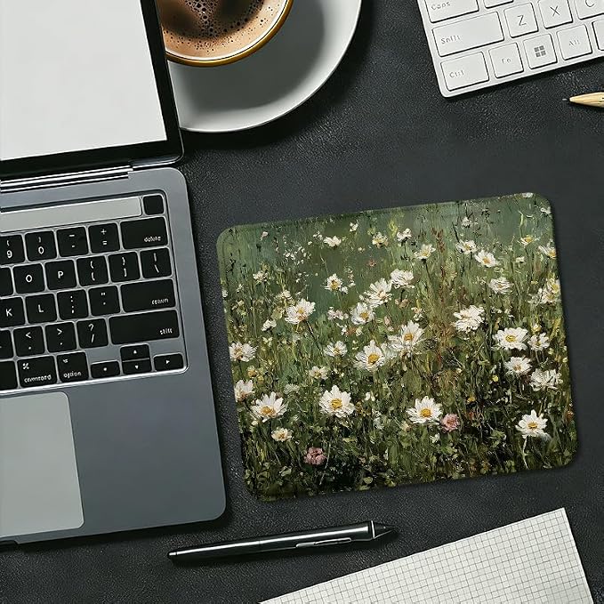Vintage Spring Daisy Floral Square Mouse Pad, Green Cottagecore Flower Field Botanical Mousepad Mat for Home Office Computer Gaming Desk Accessories 9.5x7.9 in
