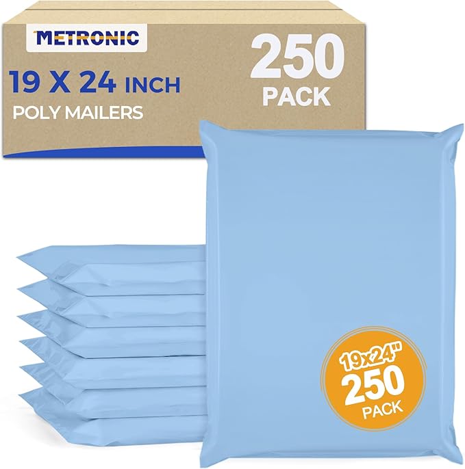 Metronic Poly Mailers 19x24 250Pc Large Shipping Bags for Clothes,Heavy Duty Shipping Envelopes for Small Business,Strong Adhesive Self-Seal Plastic Mailing Bags for ECommerce Packaging, Light Blue