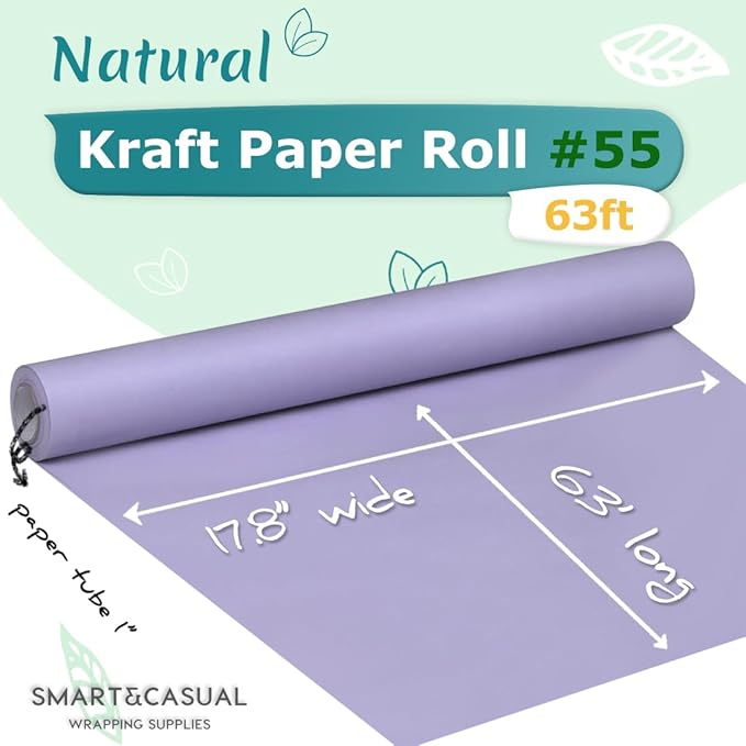 SMART&CASUAL 17.8" x 760" (63') Light Purple Kraft Craft Paper Roll for Gift Wrapping Bulletin Board Bouquet Flower Kids Art Packing Parcel Table Covering 80GSM 55LB (Light Purple, 17.8" x 63')