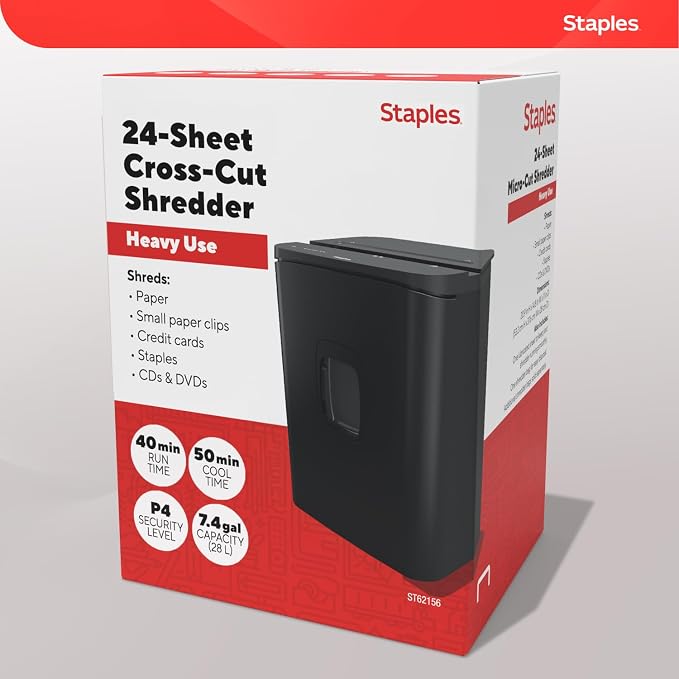 Staples 24-Sheet Cross-Cut Paper Shredder, High-Capacity, Black | Shreds paper, credit cards, and CDs into a 7.4-gallon bin for office use.