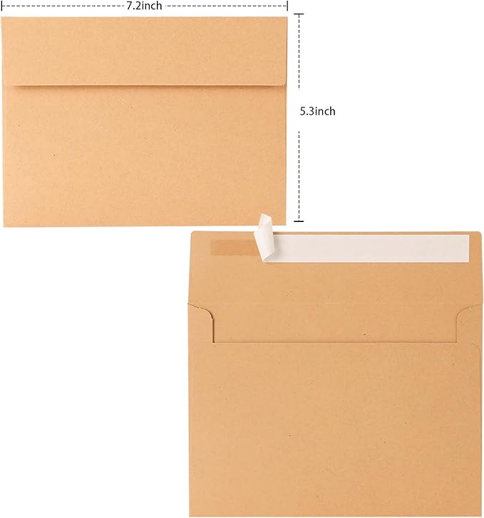 Kraft Kraft Paper Envelopes, 50 Pack, 5 x 7 Inch, Brown, A7, Card, Personalize Gift, Wedding, Birthday, Invitations, Postcard