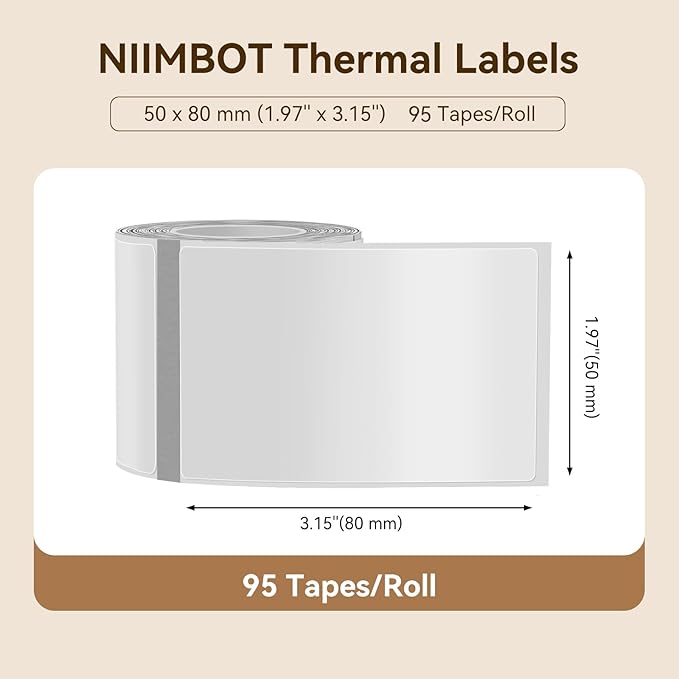 NIIMBOT Labels for B1/B21/B31 Label Maker, 50 x 80 mm (1.97'' x 3.15'') 95 Tapes/Roll, Thermal Label Tape, Waterproof, Oil-Proof for Home Office Small Business Labeling Tape Replacement(Clear)