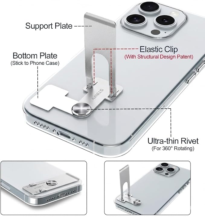 Phone Slim Stand Ultra Thin Kickstand, Unnoticeable Universal Vertical Horizontal Steel Metal Stable Mount Attachable Pocket Friendly Phone Holder for iPhone Samsung Phone Case (Sliver 1-Pack)