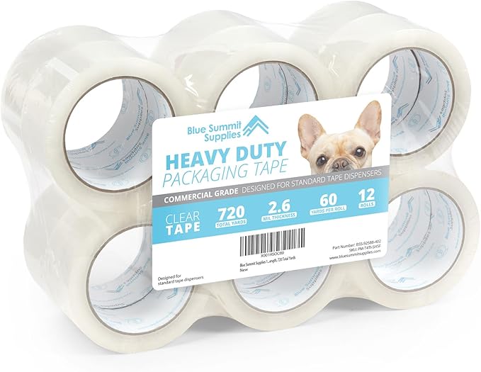 Blue Summit Supplies Clear Packing Tape Refills Bulk, 12 Pack, Heavy Duty Packaging Tape Rolls, 2 Inch Wide for Moving Boxes, Shipping, Sealing, 2.7mil Thick, 60 Yard Length, 720 Total Yards