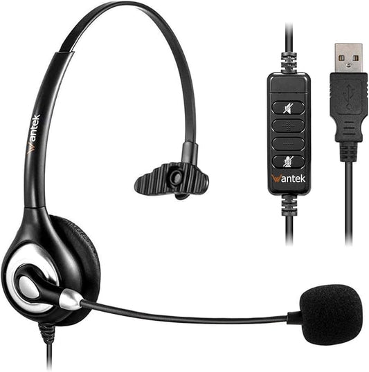 Wantek USB Headset with Microphone Noise Cancelling and in-line Controls, PC Headphone for Skype SoftPhone UC Business Call Center, Crystal Clear Chat, Super Lightweight, Ultra Comfort (UC600)