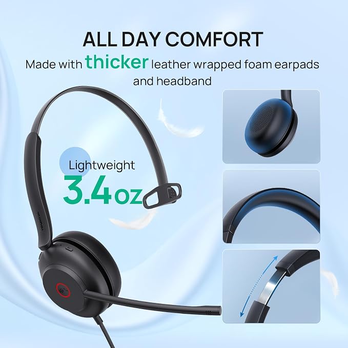 Yealink UH35 Wired Headset, USB-A, AI Noise Canceling Mic,HD Audio, On-Ear | Teams/Zoom Certified, Single-ear Headphones with 2-Microphones, Play&Plug for PC/Phone, Work,Calls,Online Meeting,5.6ft Cable