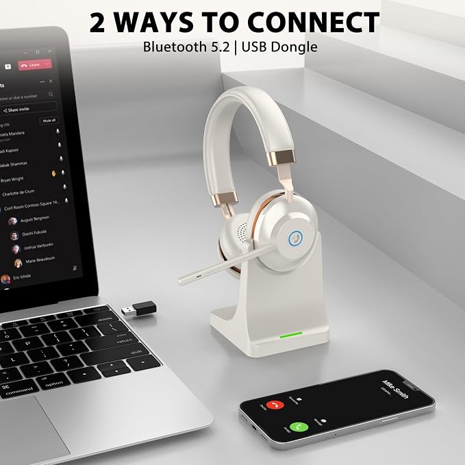 Wireless Headset with Mic for Work, V5.2 Bluetooth Headset with Microphone Noise Canceling & Charging Base, Wireless Headphones with Mic Mute Button & USB Dongle 45Hrs for Laptop/PC/Call Center/Home