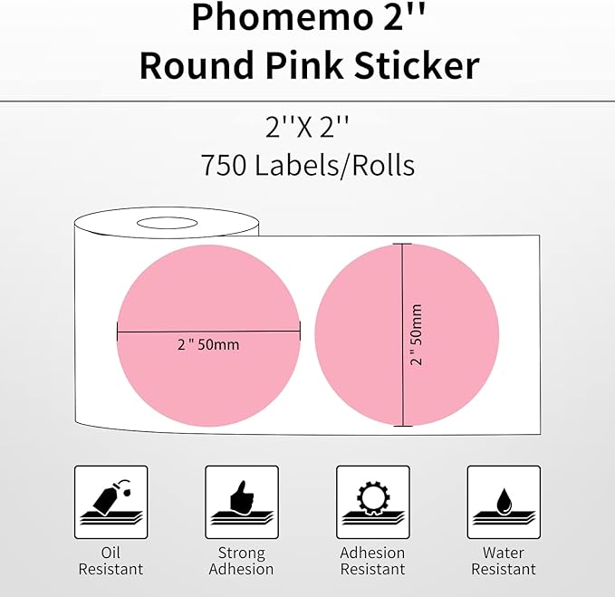 Phomemo Genuine 2” Pink Circle Thermal Labels, 2x2 Self-Adhesive Round Sticker Label, Circular Direct Labels Compatible with Phomemo 241bt Labels Printer, 750 Labels/Roll, White,Commercial Grade