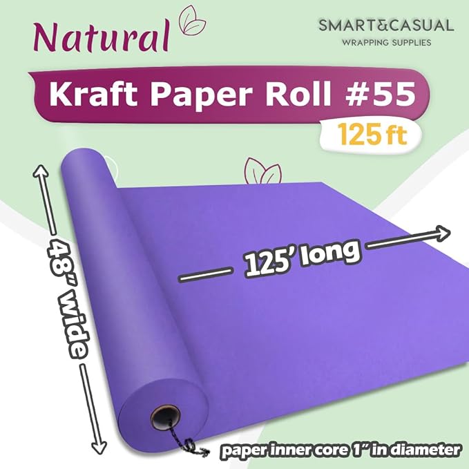 SMART&CASUAL 48" x 1,500" (125') Purple Kraft Craft Paper Roll for Gift Wrapping Bulletin Board Bouquet Flower Kids Art Packing Parcel Table Covering 80GSM 55LB (Purple, 48" x 125')