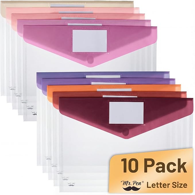 Mr. Pen- Clear Plastic Envelopes, 10 Pack, A4, Letter Size, Colorful, Clear Folders for Documents Plastic Envelopes for Documents