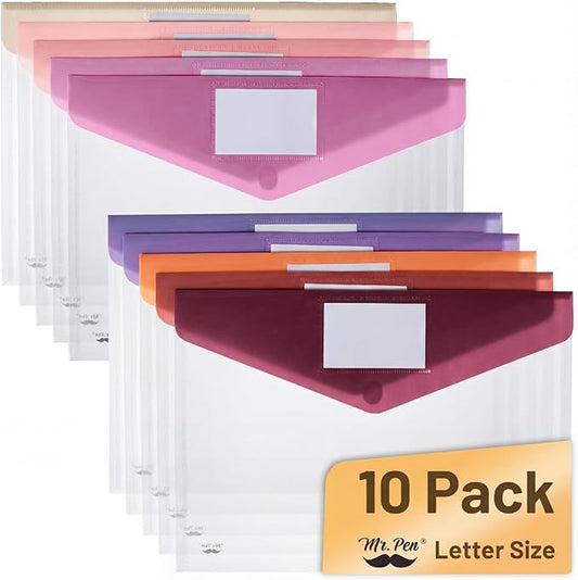 Mr. Pen- Clear Plastic Envelopes, 10 Pack, A4, Letter Size, Colorful, Clear Folders for Documents Plastic Envelopes for Documents