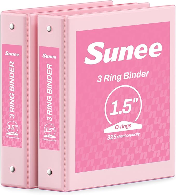 SUNEE 3 Ring Binder 1.5 Inch 2 Pack, Clear View Binder Three Ring PVC-Free (Fit 8.5x11 Inches) for School or Office Supplies, Pink