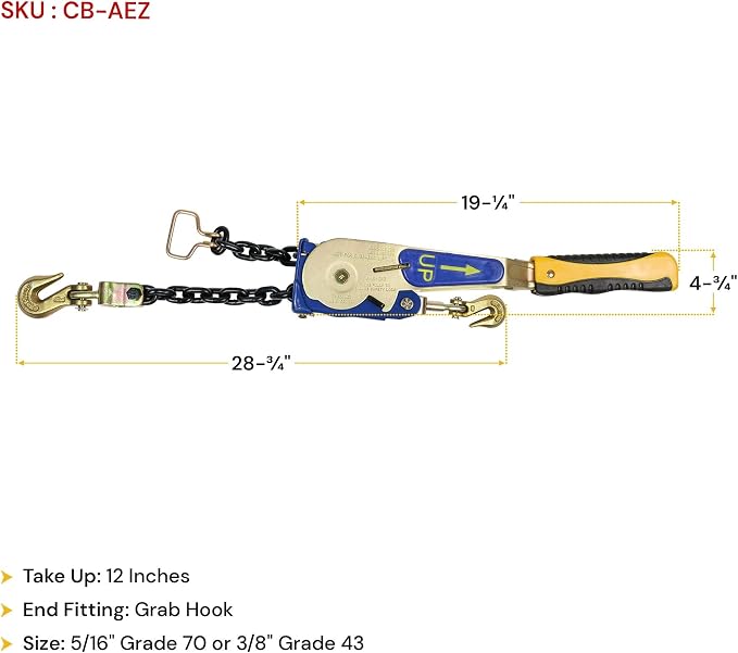 Mytee Products 4 Pack 5/16"-3/8" Easy Ratchet Chain Binder with Grab Hooks & 5400 lbs WLL - Heavy Duty Tie Down Ratchet Load Binder for Flatbed Trailers & Trucks