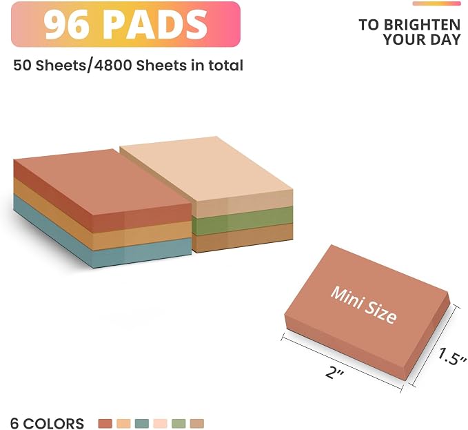 Taja 96 Pads Sticky Notes, 1.5"x2" Inches Mini Sticky Notes Pads, Vintage | Bulk Small Sticky Notes for Quick Reminders and Color Coding, Mini Sticky Notes for Office, School and Home Organization