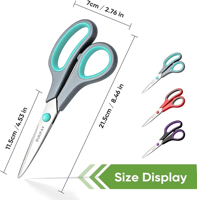 Scissors All Purpose Heavy Duty 12Pack, RUKIFAY 8"Scissor for Office School | Sharp Shears Bulk Set for Home Craft Fabric Sewing Supplies Middle Student Classroom Teacher Comfort Grip Right/Left Handed