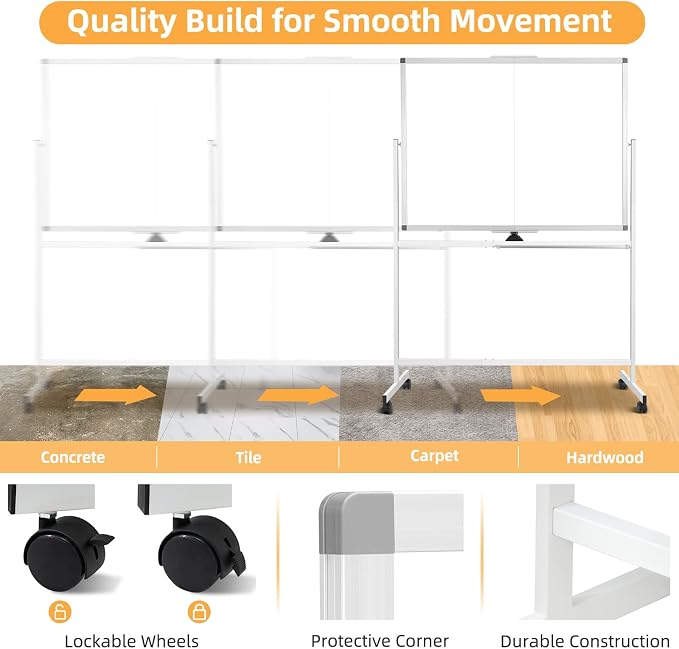Rolling Dry Erase Whiteboard with Stand, 48" x 36" White Board on Wheels | Double-Sided Reversible, 4' x 3' Magnetic Standing Whiteboard, Mobile Portable Board for Office School Home Classroom