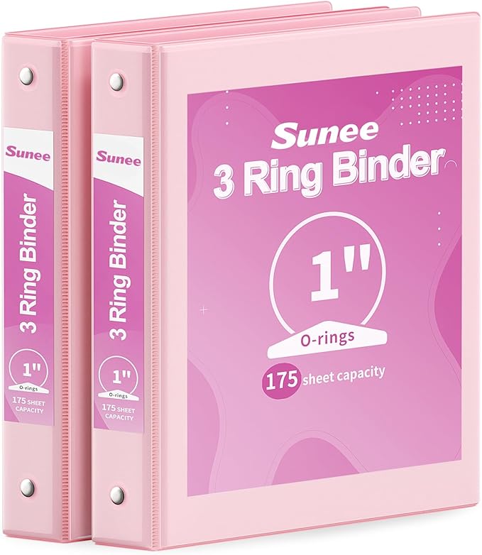 SUNEE 3 Ring Binder 1 Inch 2 Pack, Clear View Binder Three Ring PVC-Free (Fit 8.5x11 Inches) for School or Office Supplies, Pink