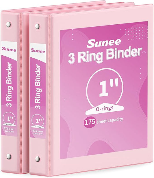 SUNEE 3 Ring Binder 1 Inch 2 Pack, Clear View Binder Three Ring PVC-Free (Fit 8.5x11 Inches) for School or Office Supplies, Pink