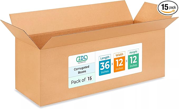Exrta Large Shipping & Moving Boxes 36"L x 12"W x 12"H (15-Pack) - Extra Strength 200 lb vs Regular - USA-Made Corrugated Packing Boxes for Moving - Easy-to-Recycle Cardboard Box by IDL Packaging -