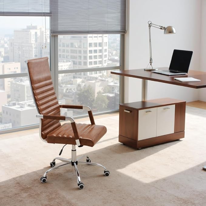 Furmax Ribbed Office Chair High Back PU Leather Executive Conference Chair Adjustable Swivel Chair with Arms (Bicolor Retro Brown)