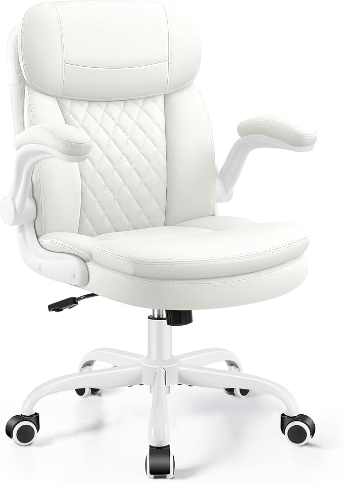 Leather Office Chair, PU Computer Desk Chairs with Upgraded Double-Layer Seat Cushion and Neckrest, 360°Swivel, Ergonomic Small Gaming Chair with Wheels and Adjustable Armrests for Short People, White