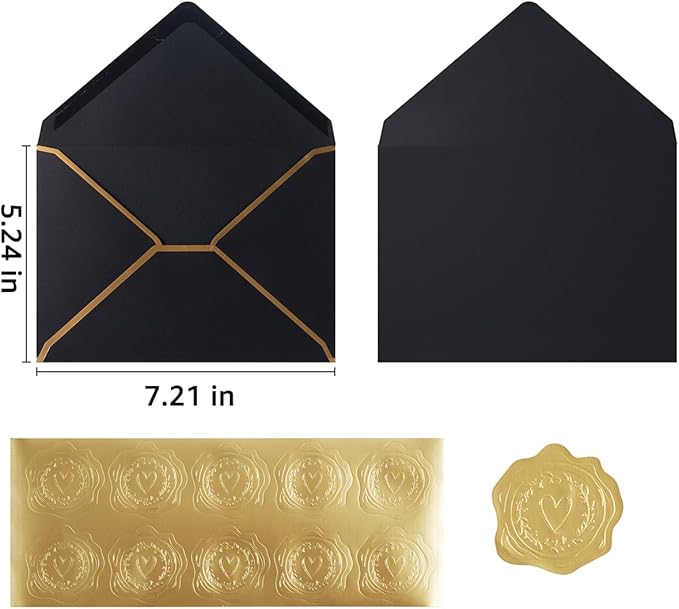 50 Pieces A7 Envelopes with Gold Border, 5.24 x 7.21 Inches Envelopes with Gold Stickers for Greeting Cards and Invitation (Black, A7-5x7)