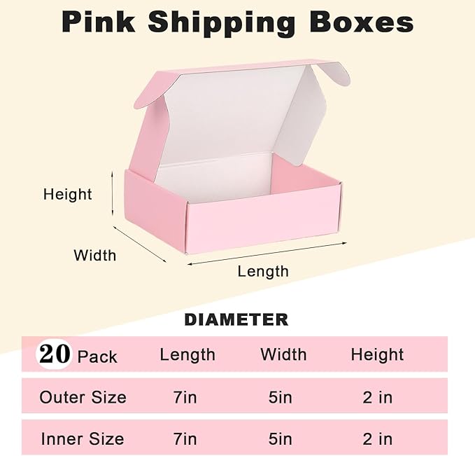 Small Shipping Boxes 7x5x2, 20 Pack Pink Mailing Boxes for Packaging Small Business, Corrugated Cardboard Samll Boxes for Shipping Packing