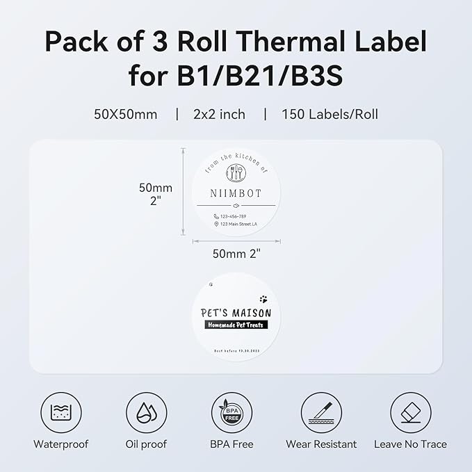 NIIMBOT 3 Rolls Set Label Tape for B1/B21/B3S Label Printer, 1.97" X 1.97" (50x50mm) Round Waterproof Thermal Label Tape for Logo/Gift/Barcode/Kitchen Jar (Clear)