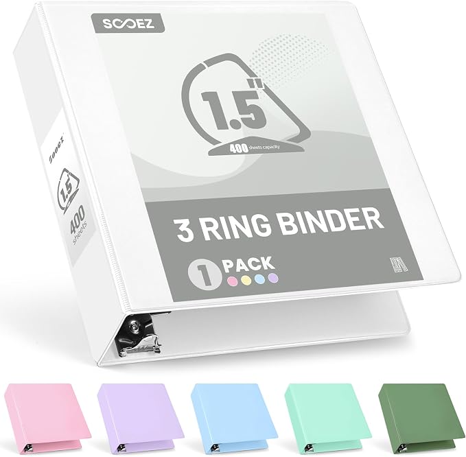 Sooez 3 Ring Binder 1.5 Inch, D-Ring Binder with Pocket, White, 8.5x11 | Holds 400-Sheet of Letter Paper, Extra Durable, PVC-Free, Clear View Cover, Interior Pockets, Eco-Friendly, School, Office