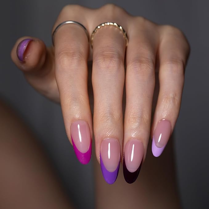 SXC Cosmetics French Tip Press On Nails 150 Pieces in 15 Sizes Ultra Fit with Pre-applied Tip Primer and Base Coat, No Need to File Fake Nails for Nail Art DIY X-Pro Tips (5PURPLE115-M Almond)