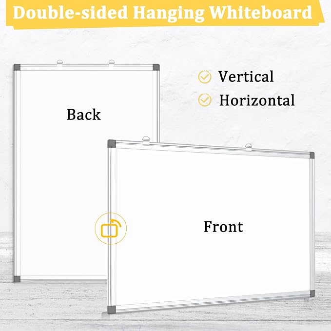 2 Pack Double-Sided Magnetic Aluminum Frame Whiteboard, 24" x 18" | White Board for Wall, Hanging Mounting White Board Dry Erase Board Marker Board for Kitchen, Memo, School, Home, Office