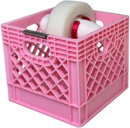 Mini Milk Crate Tape Dispenser Cute Desk Accessory Desktop Organizer Gift | Mini Pink Milk Crate Tape Dispenser & Organizer. Cute Vintage Office Supplies Desktop Storage Box Novelty Coworker Gag Gift