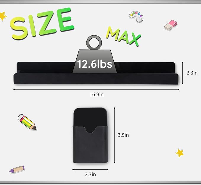 2 Pcs Magnetic Book Shelf for Whiteboard with Magnetic Pen Holder, Heavy Duty Acrylic Magnetic Shelves for Classroom Furniture,Office, Refrigerator,School Supplies-Black
