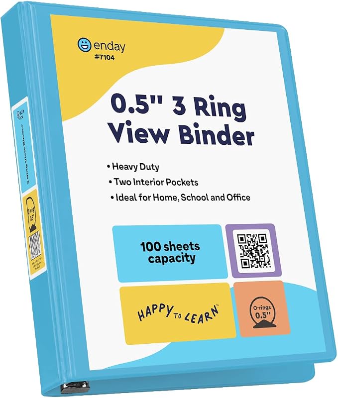 Enday 1/2 Inch Binder, Blue 3 Ring Binder, 0.5 Inch Heavy Duty Three Ring Binder, 100 Sheets Capacity - for Home School and Office