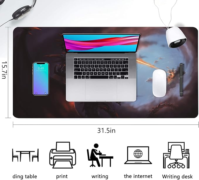 Extended Large Gaming Mouse Pad Cool Dragon Flame XXL Size Keyboard Mouse Mat Desk Pad with Non Slip Rubber Base Stitched Edges Office Decor for Women Girls Men,35.4 x 15.7inch
