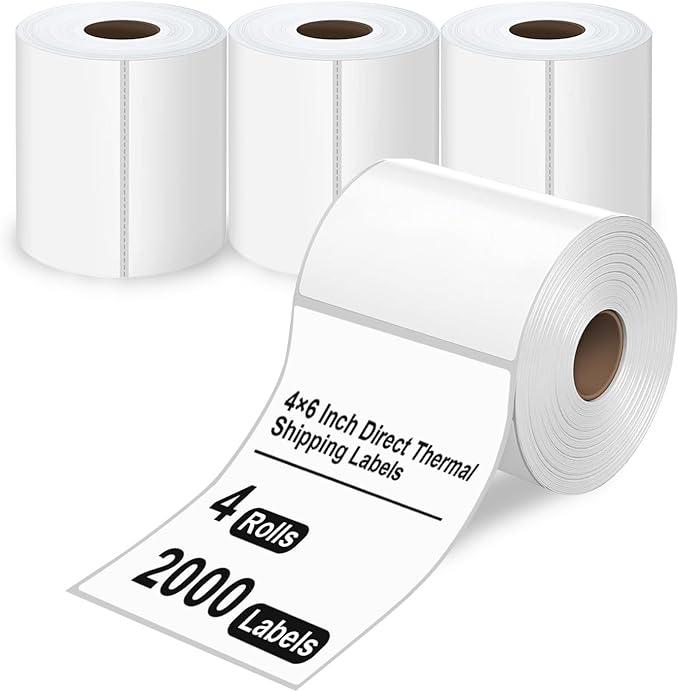 HUOJI 4x6 Direct Thermal Shipping Labels, 4 Rolls 2000 Labels, Compatible with Rollo, Zebra, MUNBYN Printers, Commercial Grade
