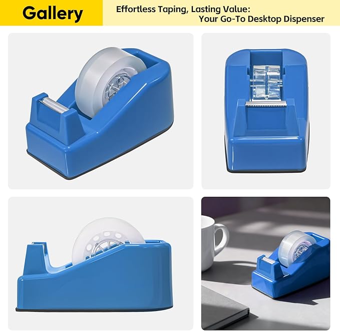 Desktop Office Tape Dispenser, Fits Standard 1-Inch Core Tapes, Weighted Base, Sharp Metal Blade, Smooth Cutting, Adhesive Roll Holder for Office, School, Shop, Home & Business - Bright Blue