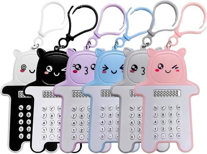 6-Pack Cute Mini Keychain Digital Calculators, 8-Digit LCD Display, Cartoon Design, Portable for School & Office, Kids Calculator, Battery Powered (Included)