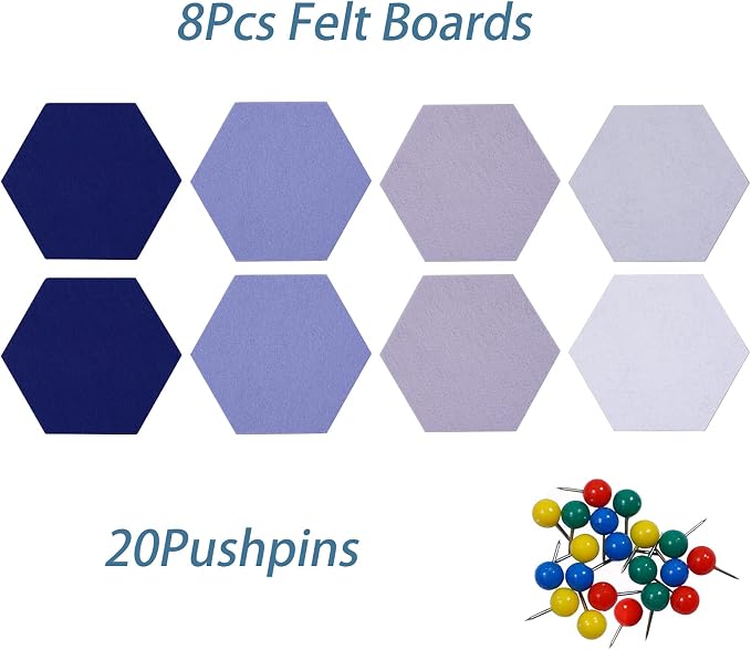 8Pcs Hexagon Felt Cork Board Tiles Self Adhesive Bulletin Board, Pin Board for Wall Decor Memos Photos Display (Set B)