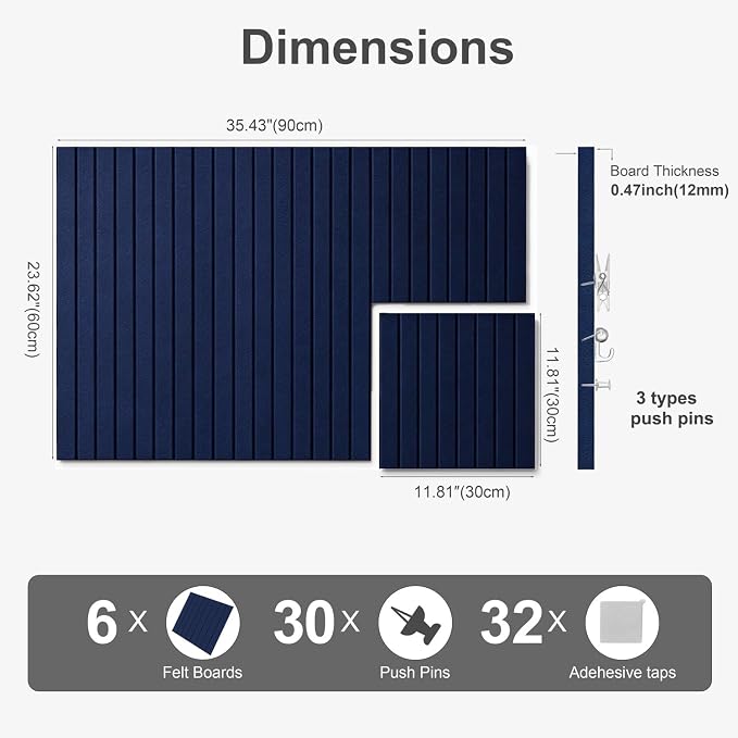 0.47" Thick Felt Pin Board 36"x24" Large Cork Board Alternative 6 Pack 11.81"x11.81"Felt Bulletin Board Wall Tiles Notice Board with 30 Pushpins for Home Office School(Fine-Dark Blue)