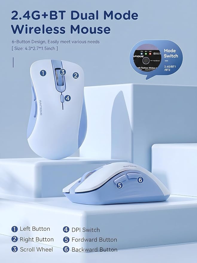 RAPIQUE Bluetooth Wireless Mouse, Dual Bluetooth & 2.4GHz, Light Blue | Quiet Clicks, Right-Hand Ergonomic 6 Button, Adjustable DPI, AA Battery, 3-Device Switching for Laptop, PC, Mac, Tablet