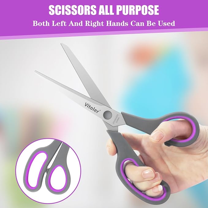 Vitoler Scissors 8.5" Heavy Duty scissors all purpose Bulk Set of 3 | ,Scissors for Office Home School Craft Supplies, Soft Comfort-Grip Right/Left Hand