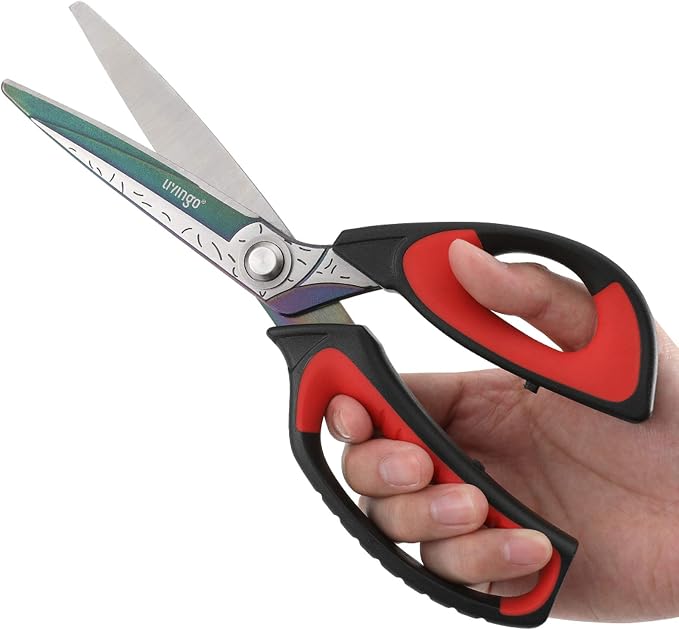 LIVINGO 10" Heavy Duty Multipurpose Shears for Shop & Garden (Red/Black) | Forged stainless steel with titanium coating. Cuts fabric, cardboard, pruning branches, household materials, Rust-resistant