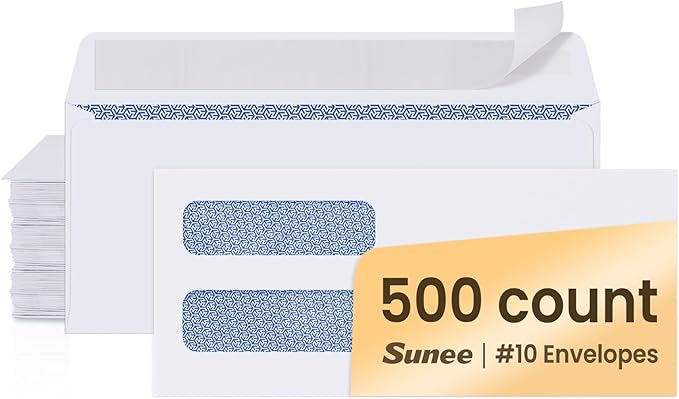 SUNEE Envelopes Self Seal – #10 Double Window Envelopes 500 Pack, Security Tint, Self Seal Closure, Fits Standard Business Checks, 4-1/8 x 9-1/2 Letter Envelope for Invoices & Mailings, 24LB