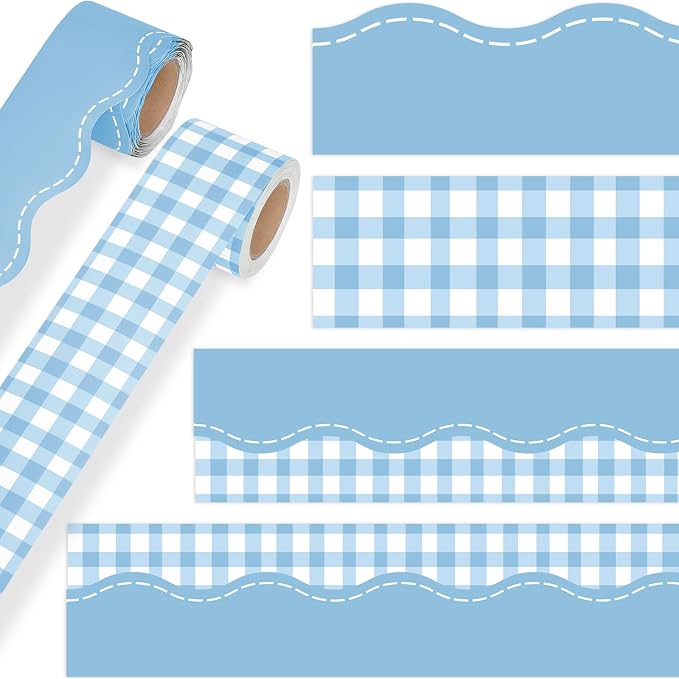 2 Rolls 65.6ft Dusty Blue Gingham Bulletin Board Borders Decoration Blue Checkered and Straight Edge Bulletin Borders Board Trim for Office School Classroom Chalkboard Party Decoration