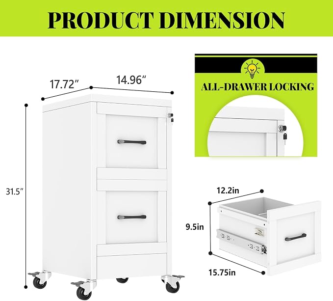 2-Drawer Rolling Metal File Cabinet with Lock, Narrow, White | Mobile metal filing cabinet with casters; rails fit Letter, Legal and A4 folders, one lock secures both drawers