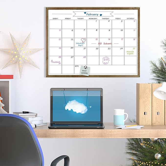 Large Dry Erase Monthly Calendar Whiteboard for Wall, Magnetic,23.6"x 31.5" | Solid Pine Wood Rustic Brown Frame,Magnetic Surface White Board for Wall,for Office/School/Home